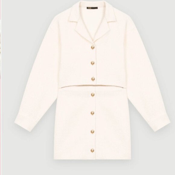 Maje Textured Twwed Open Front Mini Dress Ecru Cream Gold Buttons NWT 42 $535 - Picture 8 of 8